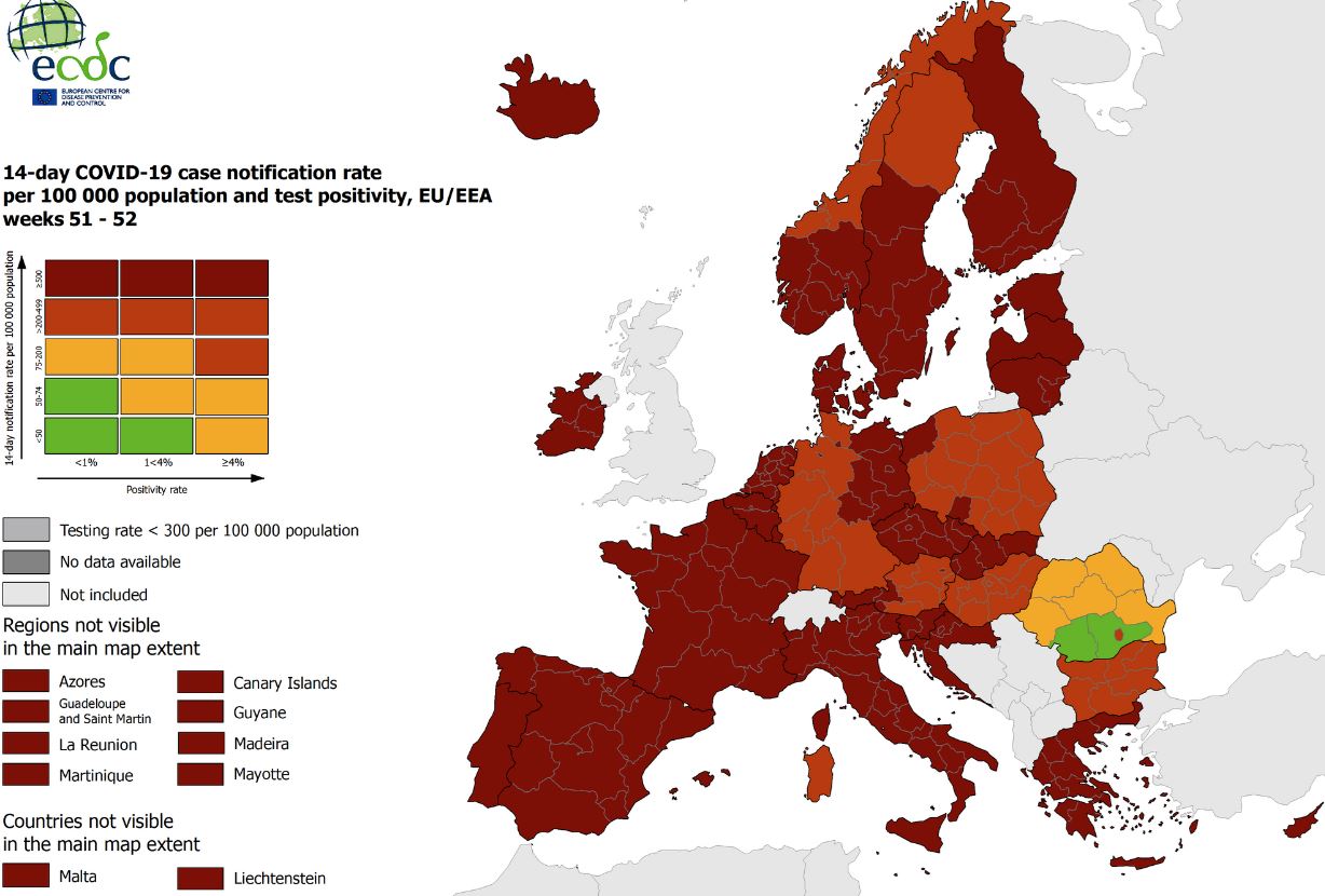 ECDC – Μετάλλαξη Όμικρον: Στο «βαθύ κόκκινο» η Ελλάδα και σχεδόν όλη η Ευρώπη